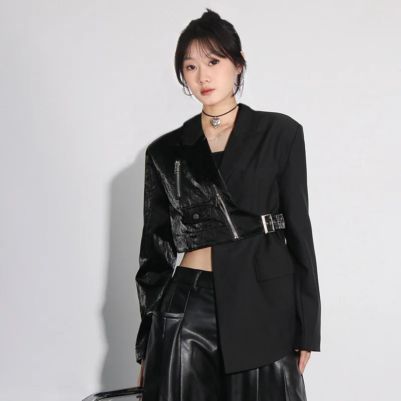 

Women Black Irregular Pu Leather Blazer New Lapel Long Sleeve Loose Fit Suit Jacket Fashion Tide Spring 2024 Ladies Jackets