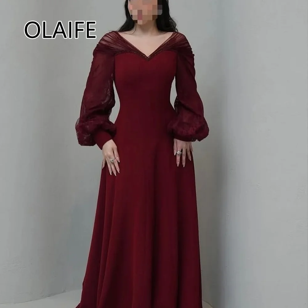 Modest V-neck Satin A-line Formal Evening Prom Dres with Long Sleeve Court Evening Arab Gown for Women Customized