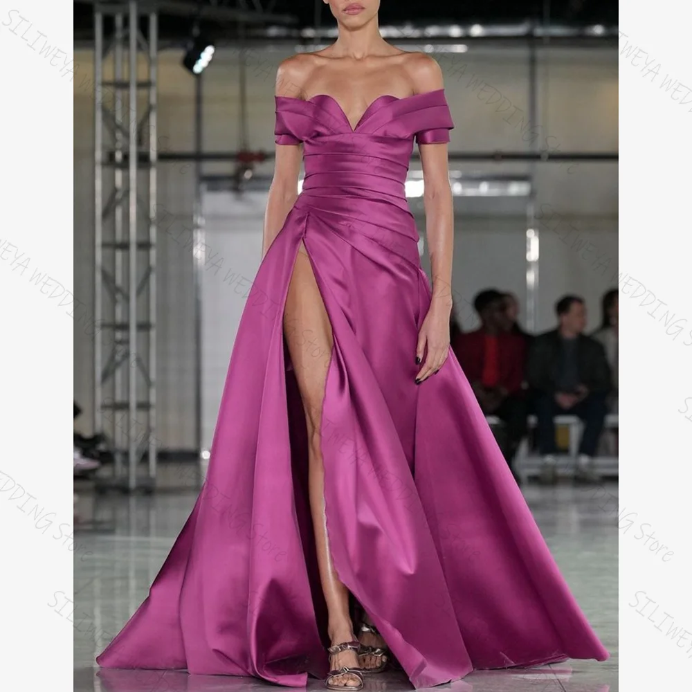 

Off The Shoulder High Slit Purple Chic Prom Dresses A-line Sleevesless Floor-Length Female Party Evening Gown