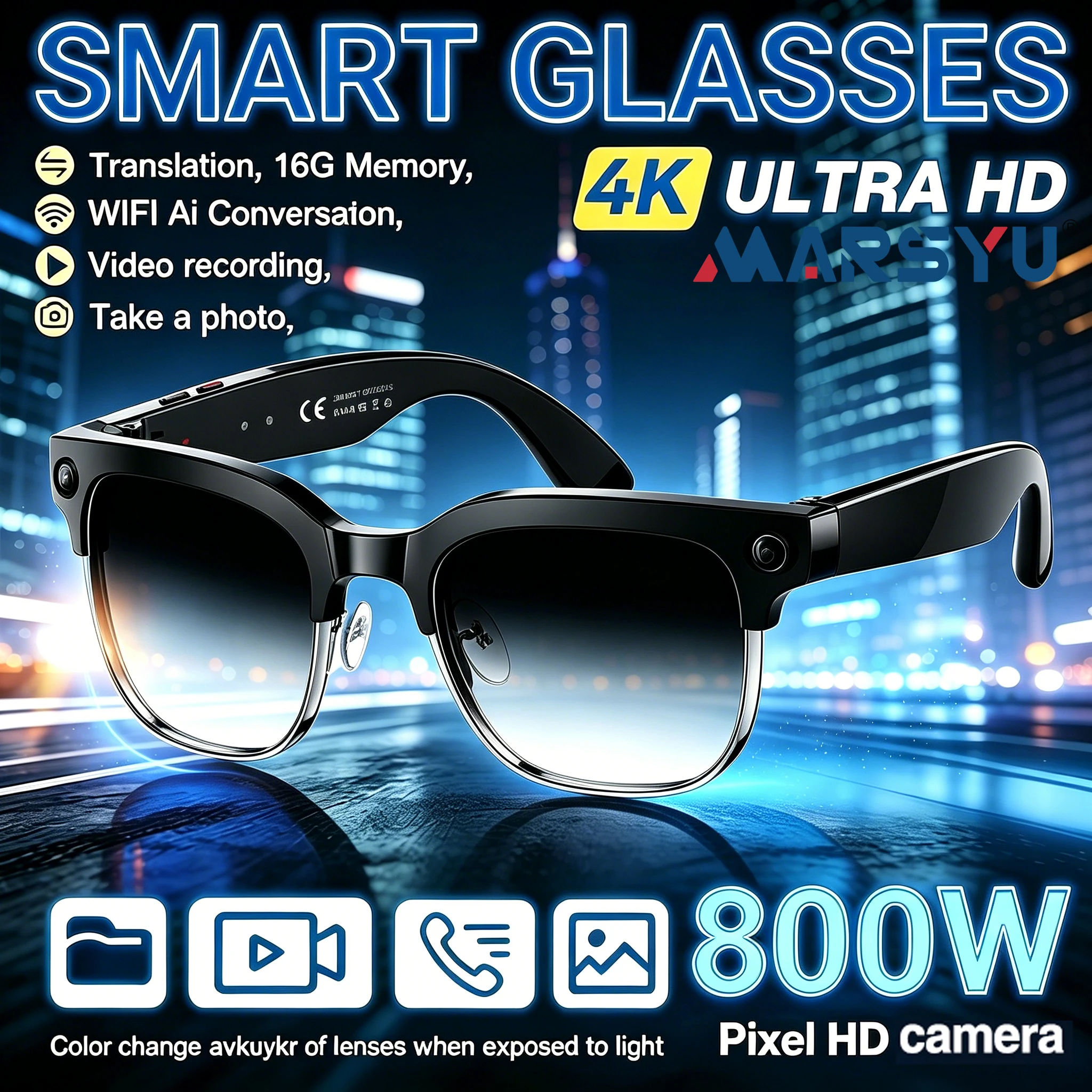 

Marsyu 800W Pixel Camera Smart Glasses Men Video Recording AI Photo Recognition Bluetooth Call Voice Translation Sunglasses Man