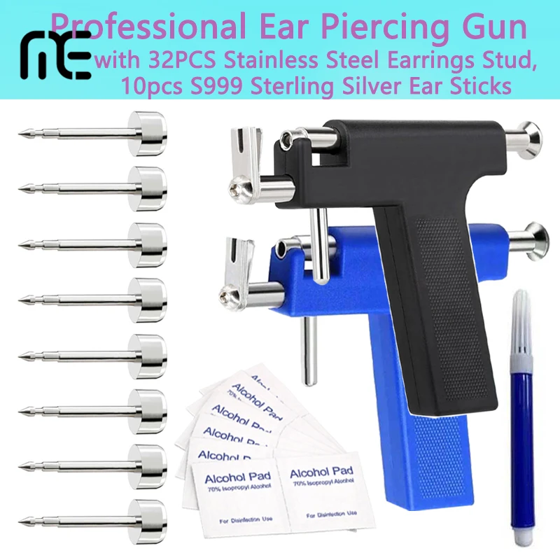 Ear Piercing Kit,Professional Ear Piercing Gun with 32pcs Stainless Steel Earrings Stud,10pcs S999 Sterling Silver Ear Sticks