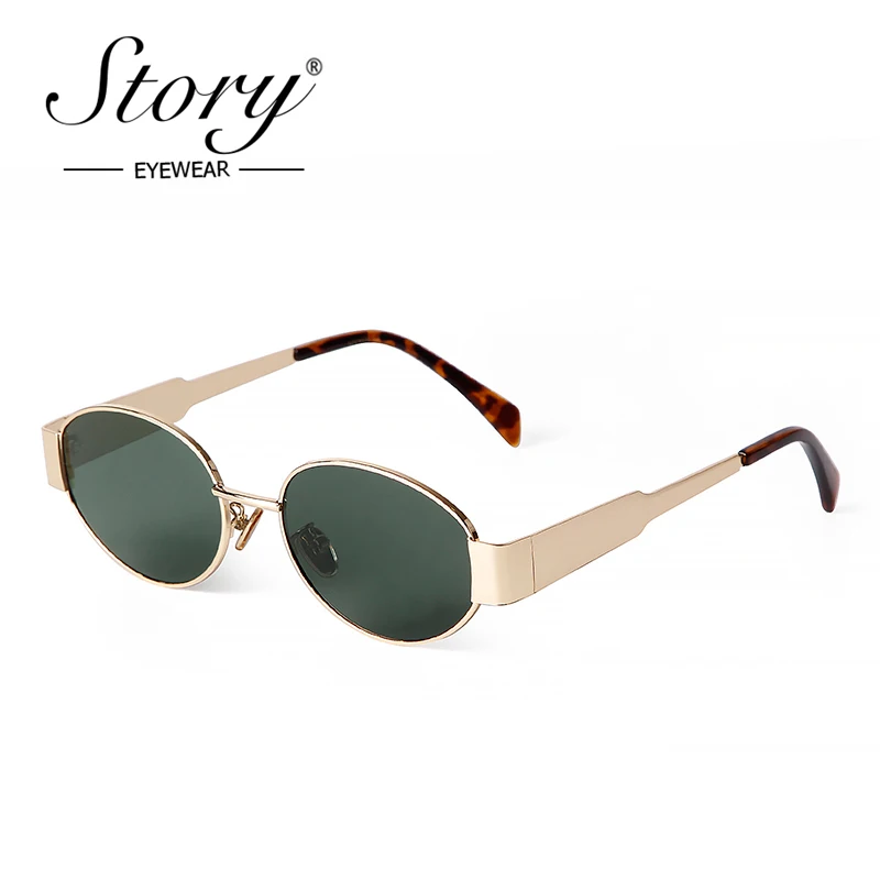 STORY Classic Green Metal Oval Sunglasses for Women Men 2024 Luxury Brand Design Retro Punk Round Sun Glasses Male Female UV400