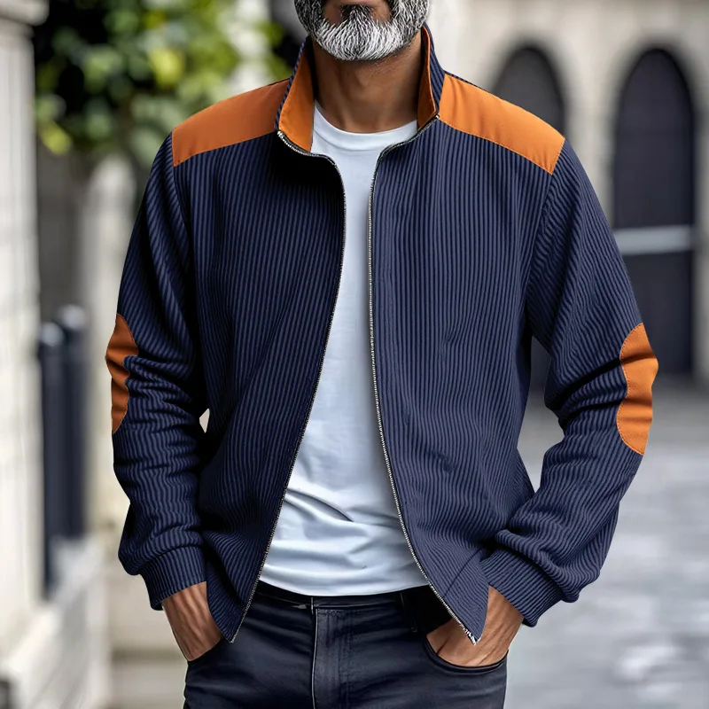 Herren Stehkragen Cordjacke, Farbblock-Design, Reißverschluss-Mantel, Retro, Locker Geschnitten, Lässig, Langarm, Herbst-Winter, Alltag, Streetwear – Detail 18