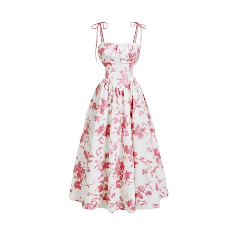 Retro Style Floral Print Bandeau Dress Butterfly Knot Strapless Knee-Length Polyester Fiber Empire Waist Cross-Border New Model