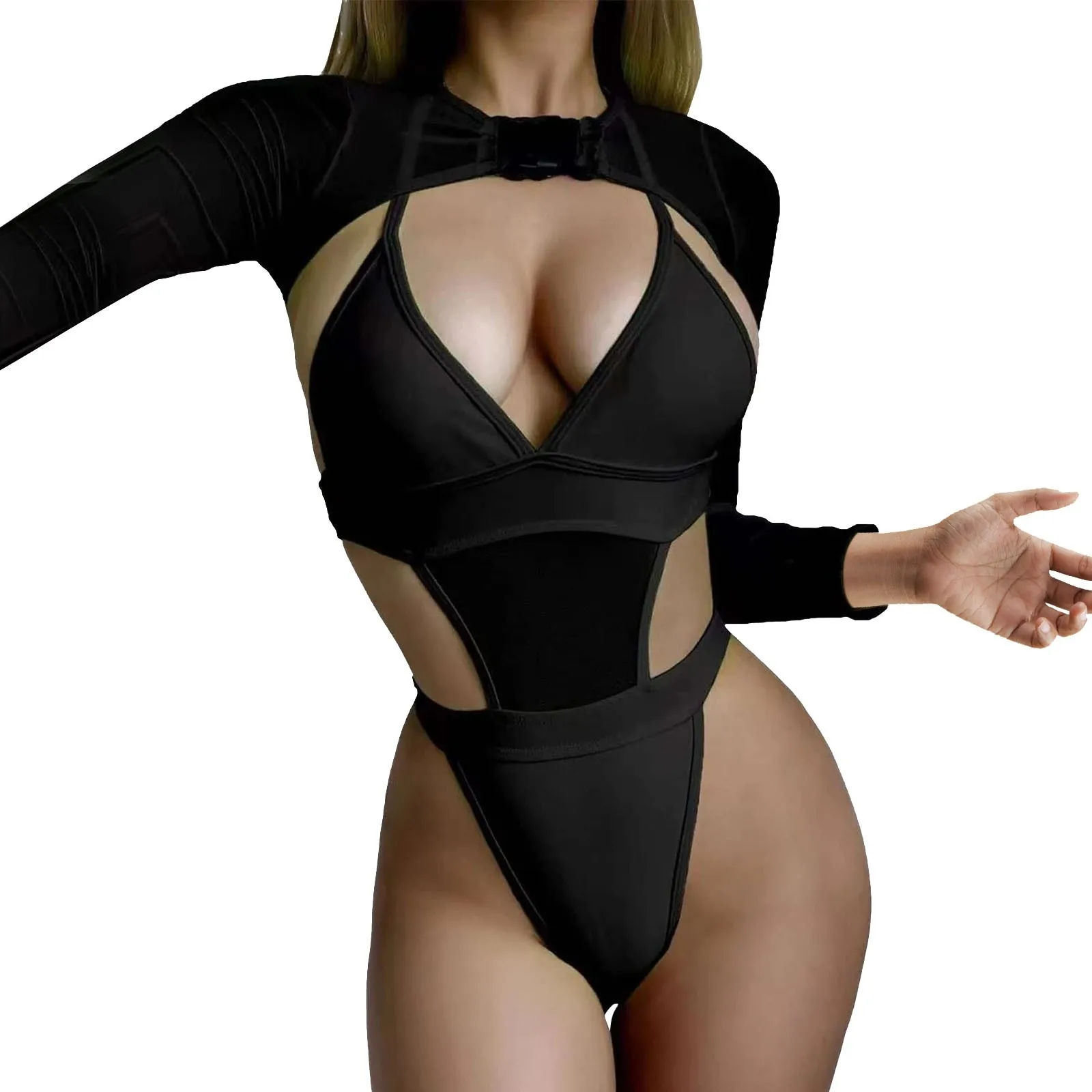 

Women 2 Piece Rave Outfits Halter Bodysuit Top Sets Long Sleeve Mesh Shrug with Buckle for Festival Club Party Erotic Costumes