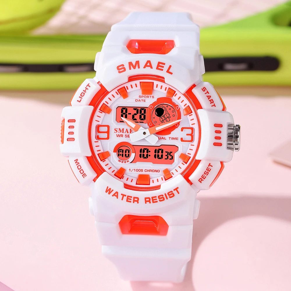 SMAEL Dual Time Sports Women Watch Quartz Student Wristwatches Fashion Female White Dual Time Digital Clock Lady Gift Auto Date