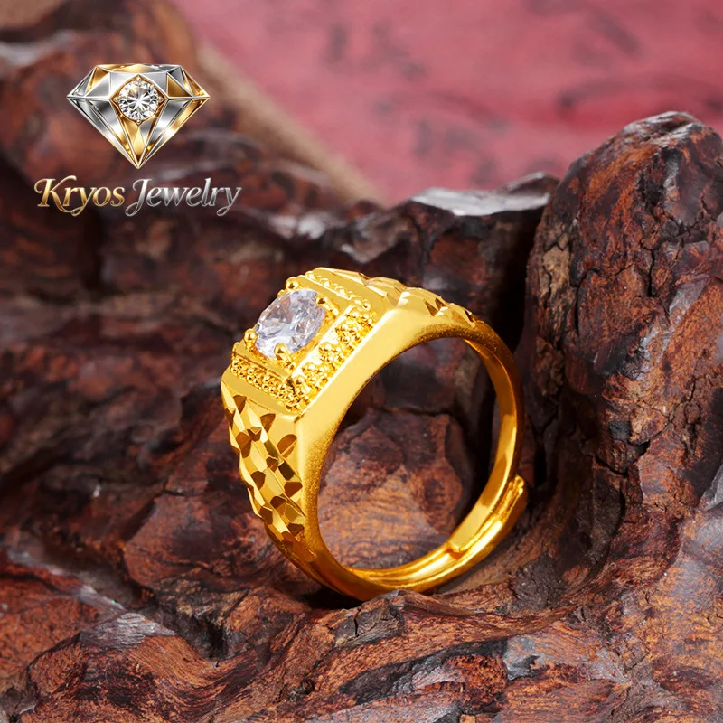 Kryos Jewelry Men's 24K Gold AU999 Stylish Ring with Sparkling Inserts | Geometric matte gold with faceted accents, sophisticate