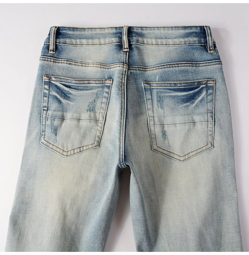 Herren-Lederjeans mit Plissee-Patches, Biker-Stil, Streetwear, Skinny, schmal geschnitten, hochelastisch, Jeanshose mit Löchern, zerrissen, Distressed-Hose – Detail 12