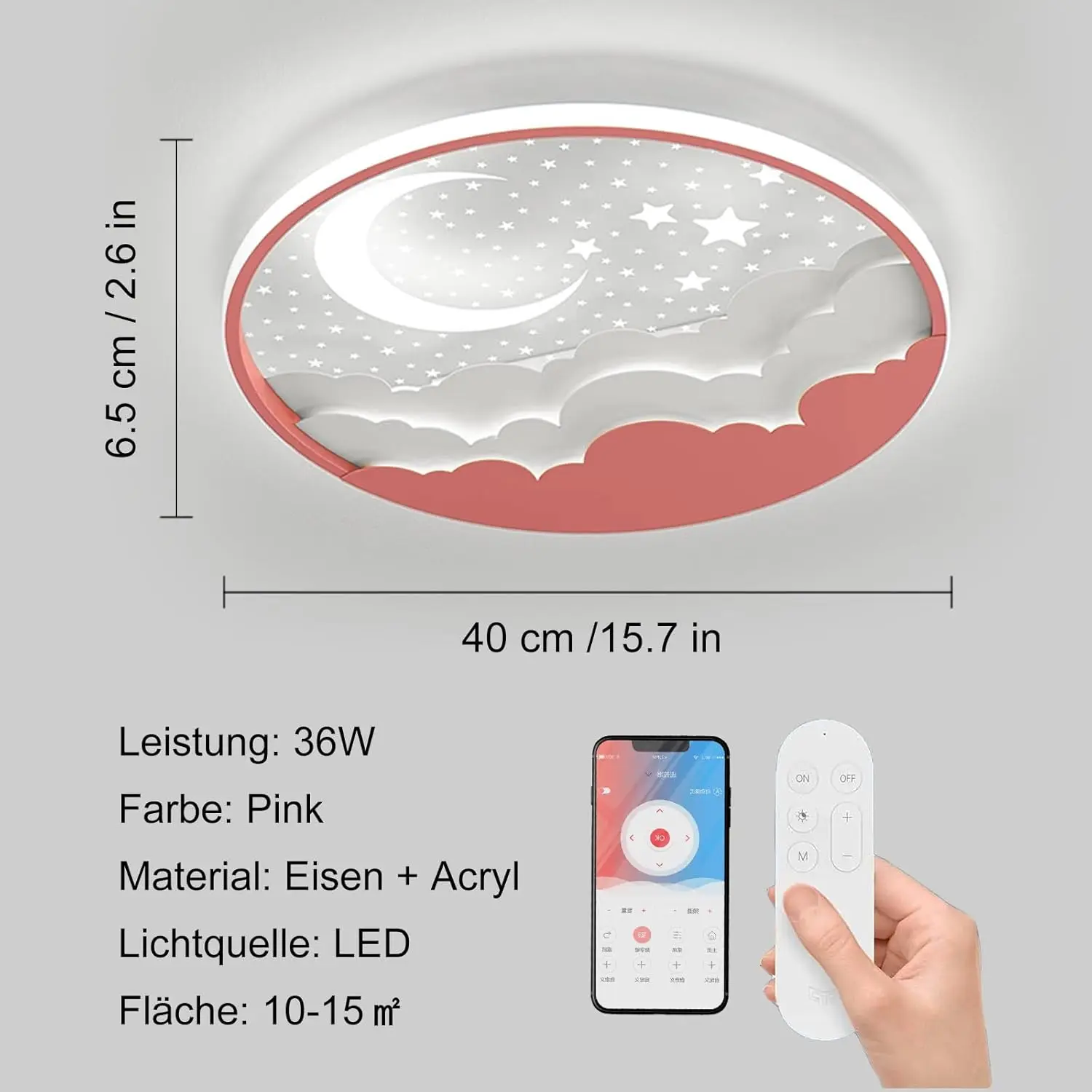 Led-plafondlamp voor kinderen, 50 cm Star Moon-plafondlamp kinderkamer dimbaar met app-afstandsbediening, 3000-6000K, voor jongens meisjes kinderkamer