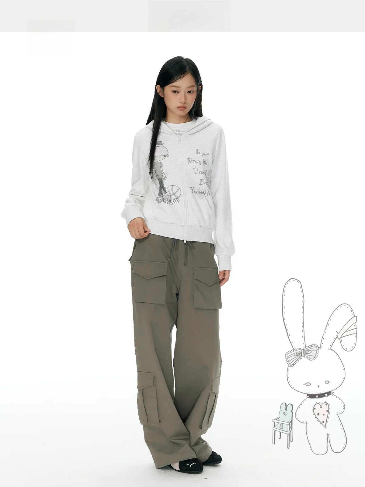 YUPH Casual Wide Leg Pants Women's Multi-Pocket Drawstring Waist Patchwork Slimming Long Trousers Workwear Style Cotton