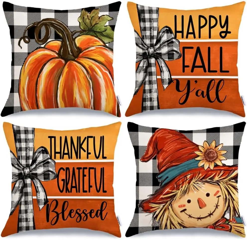 

Fall Throw Pillow Covers Set of 4 Buffalo Plaid Pumpkin Scarecrow Cushion Covers Sofa Bed Thanksgiving Farmhouse Decor