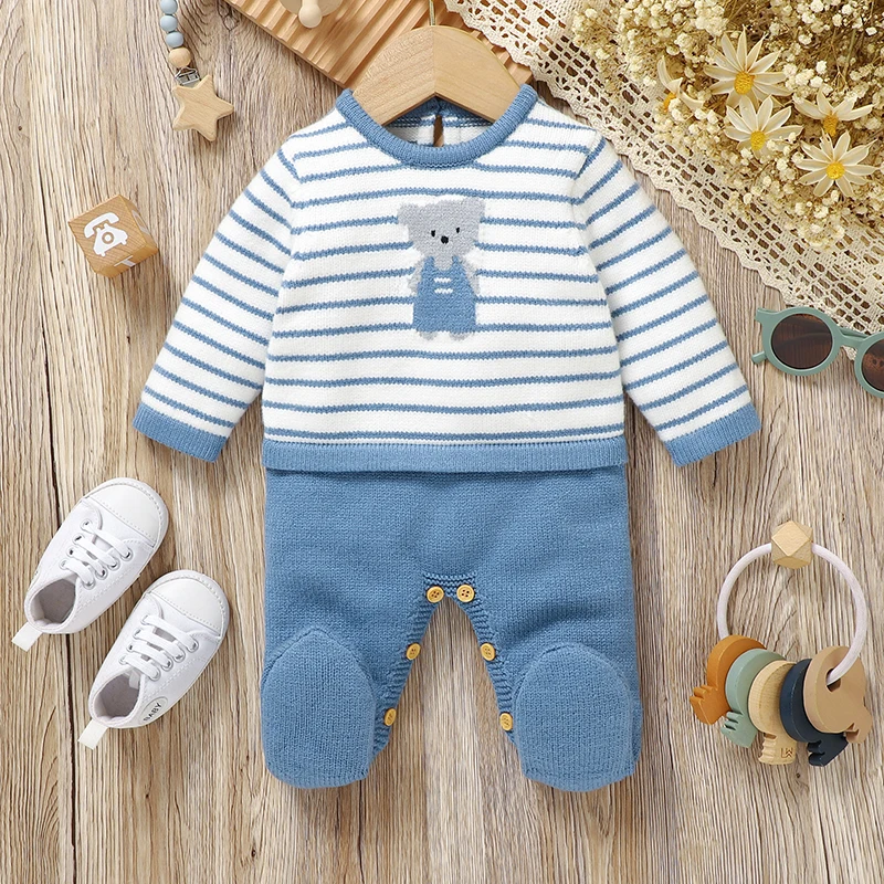

0-18m Baby Clothes Spring Autumn Winter Knitted Newborn Boys Cute Bear Rompers Jumpsuits Full Sleeve Infant Kids Unisex Playsuit