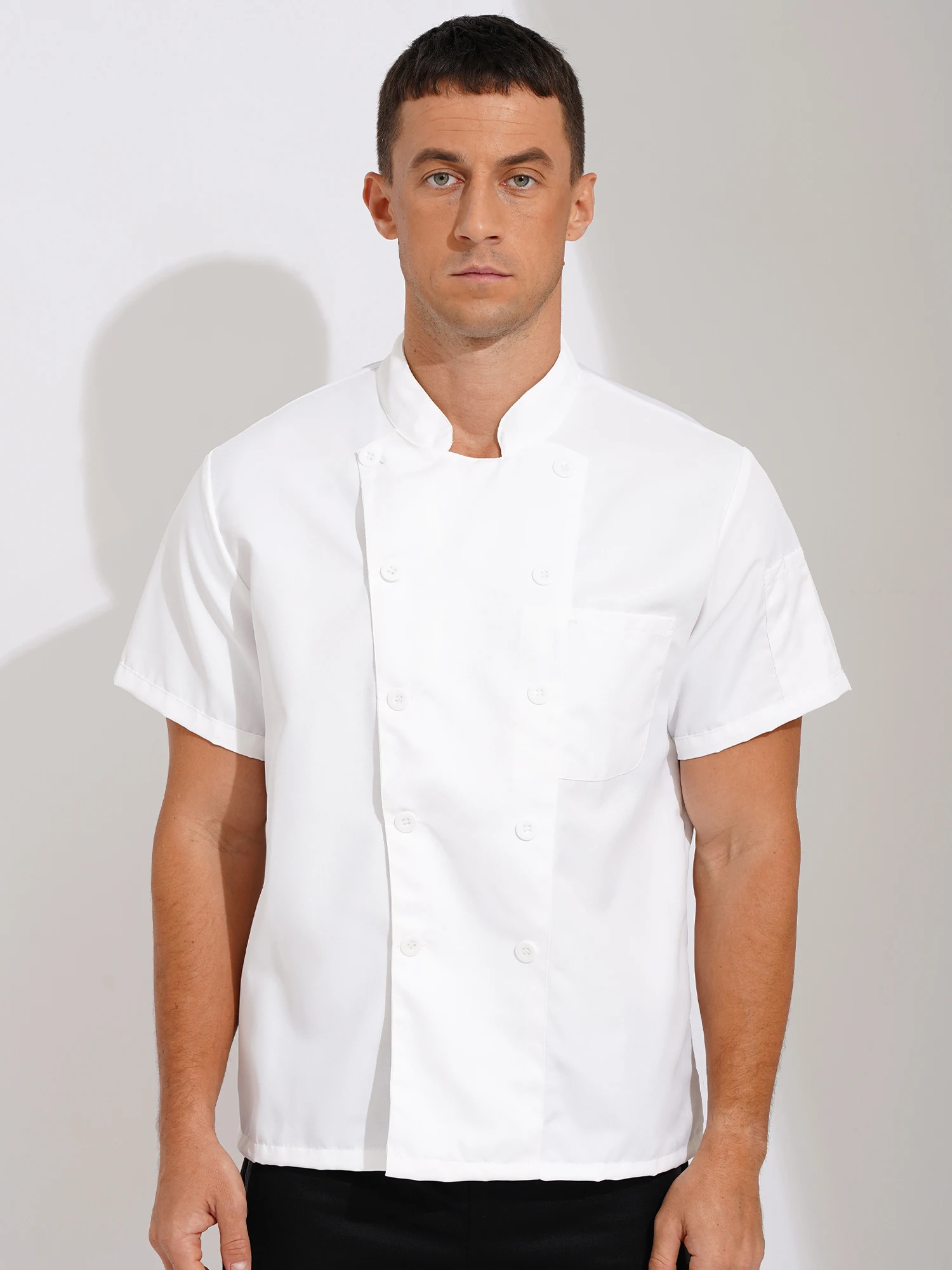 Uniforme de cuisinier de Restaurant de cantine pour hommes et femmes, veste de Chef à manches courtes, col montant, manteau de Chef de restauration d'hôtel, chemise de travail, vêtements de travail