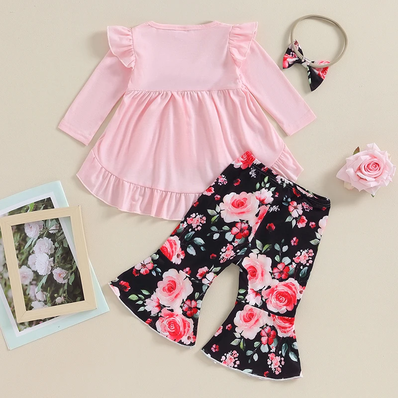 

Toddler Baby Girls Fall Outfits Dress Tops Floral Pants Headband 3Pcs Long Sleeve Clothes