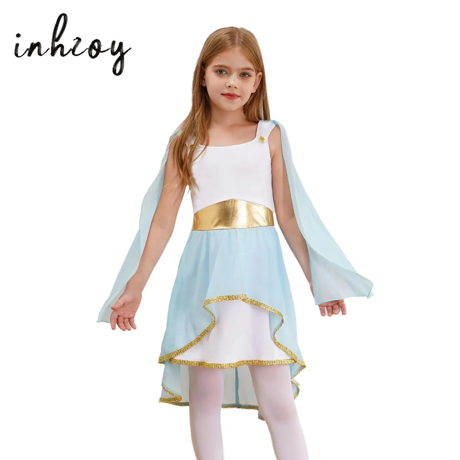 Kids Girls Ancient Greek Toga Dress Halloween Cosplay Ancient Rome Princess Dress Sleeveless Mash Asymmetrical Flowy Gown Robe