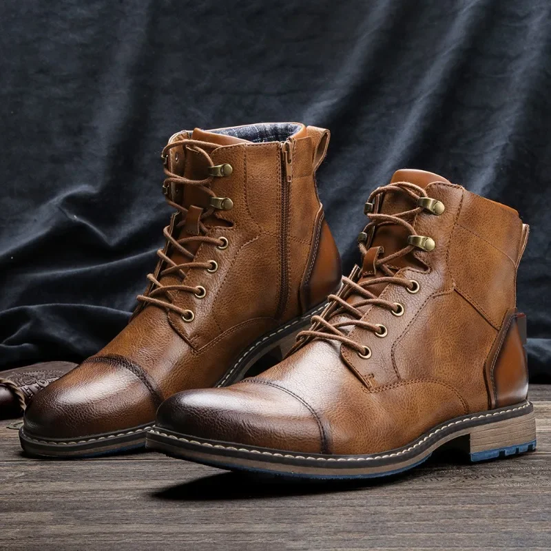 Ankle Boots Men 2024 Fashion Comfortable Brand Leather Boots for Men American Workwear Shoes Round Toe Lace Up Shoes