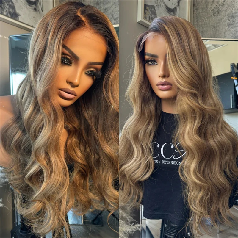 28 Inch Long Body Wave Wig 13x4 Ombre Brown Blonde Synthetic Lace Front Wig Natural Preplucked Hairline with Baby Hair Cosplay
