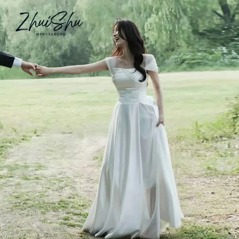 Elegant Wedding Party Dress Sweetheart Short Sleeves Draped Floor Length Korea Photo Shoot Bridal Reception Gown Customized