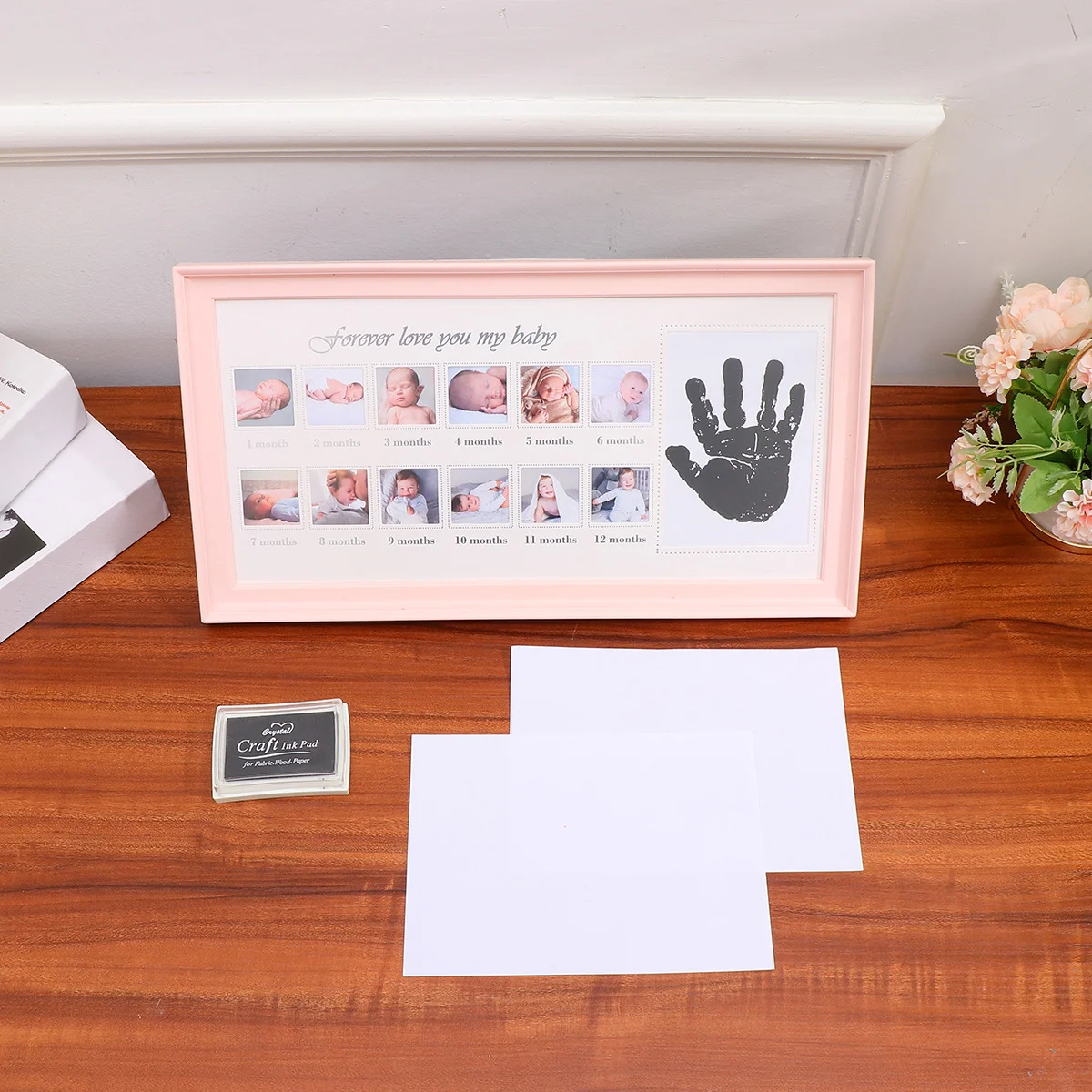 

1pc Baby Handprint Footprint Photo Frame 12-Month Growth Record Holder For Newborn Infant Blue Creative Keepsake Gift