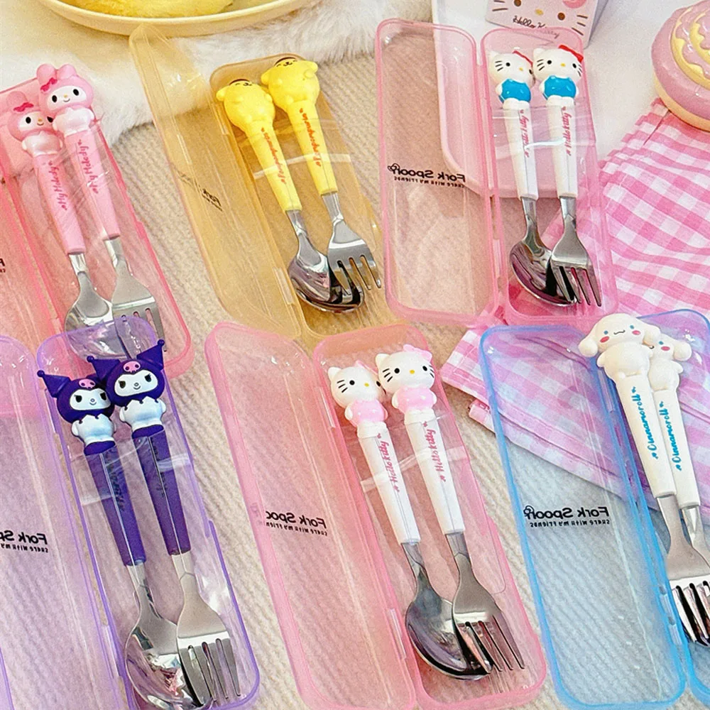 New Sanrio Stainless Steel Portable Tableware Suit Cute Cartoon Kuromi Cinnamoroll Hello Kitty Outdoor Spoon Fork Two-piece Sets