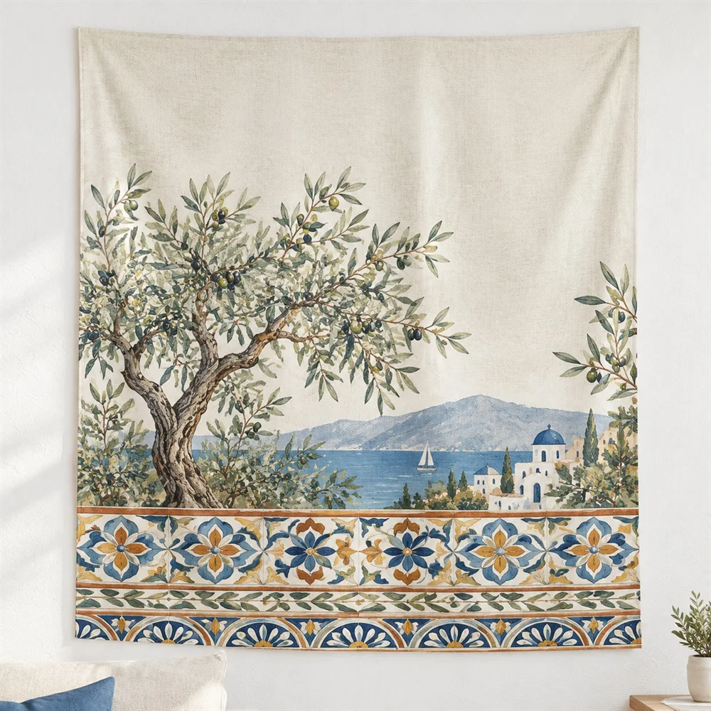 VIKAMA Olive Tree Grove Layered Bands Tapestry Wall Hanging, Mediterranean Wall Decor Tapestries for Study Living Room Bedroom