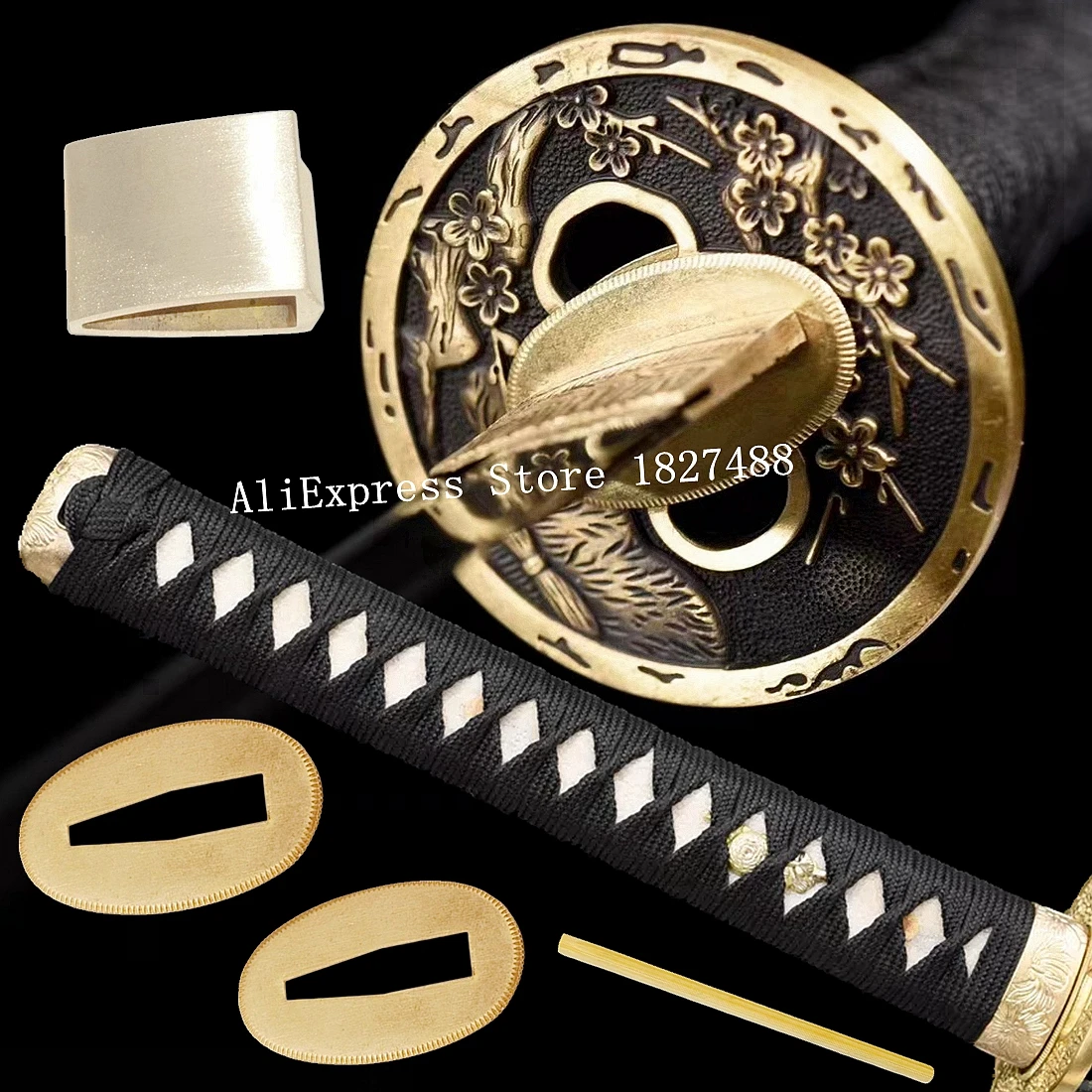 Brass Tsuba Katana Tsuka Japanese Samurai Sword Set Fittings Guard+Menuki+Fuchi+Kashira+Handle+Habaki+Seppa DIY Accessory