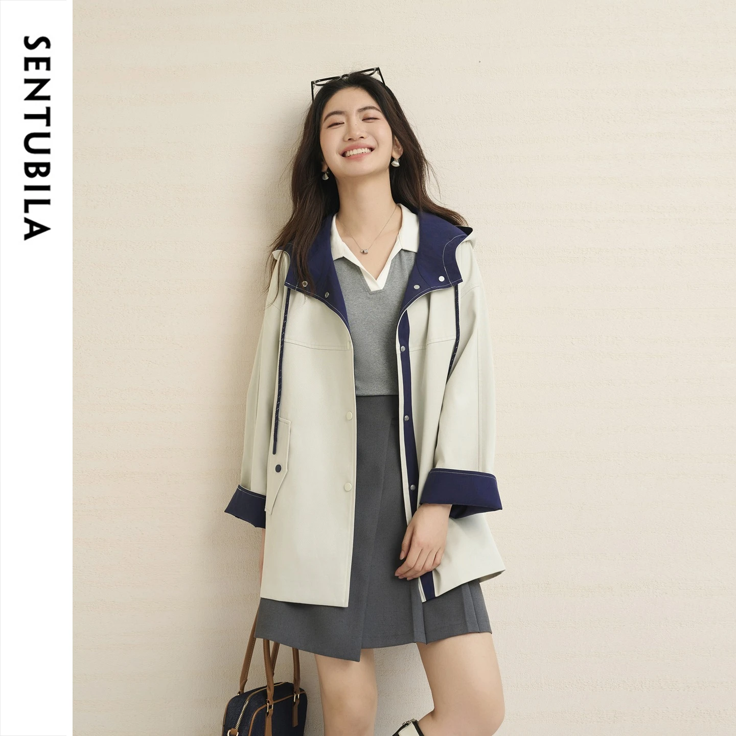 SENTUBILA Women Color Block Tencel 2026 Autumn Barn Mid-length Lyocell Coat Hooded Drawstring Drop Shoulder Outerwear 163FA7775