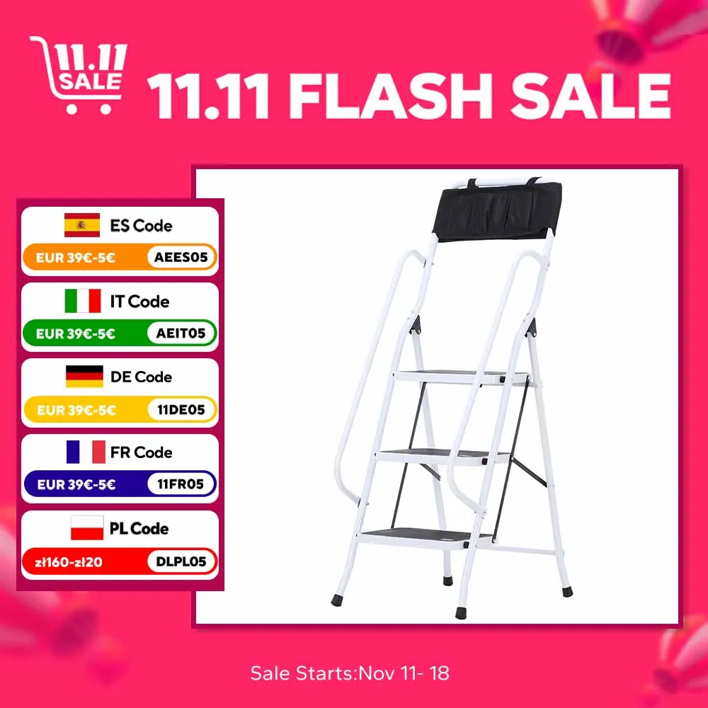 HOMCOM 3 step folding ladder with armrest and tool holder