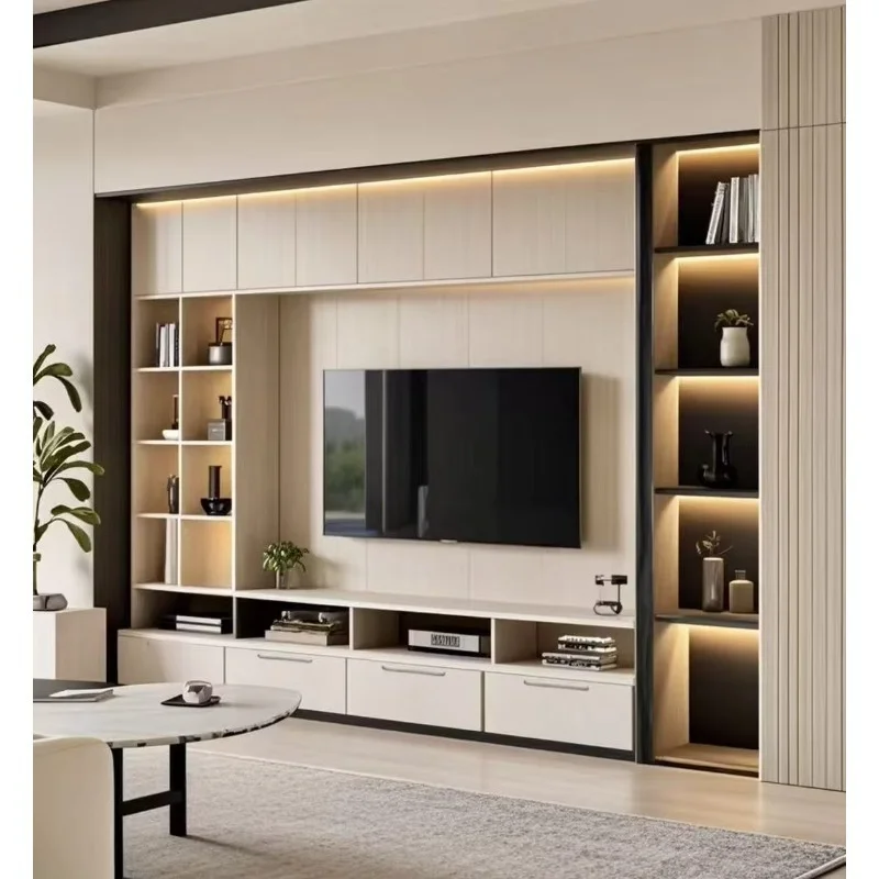 Panel TV cabinet with glass stand, wall-mounted, height adjustable, can accommodate TVs over 65 inches