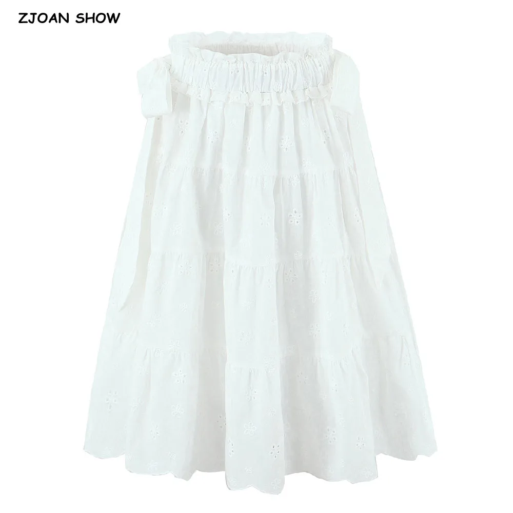 2025 Holiday White Embroidery Hollow Out Hole Lace Knee Length Skirt Women Bow Elastic Waist Swing A-lined Cake Skirts Beige