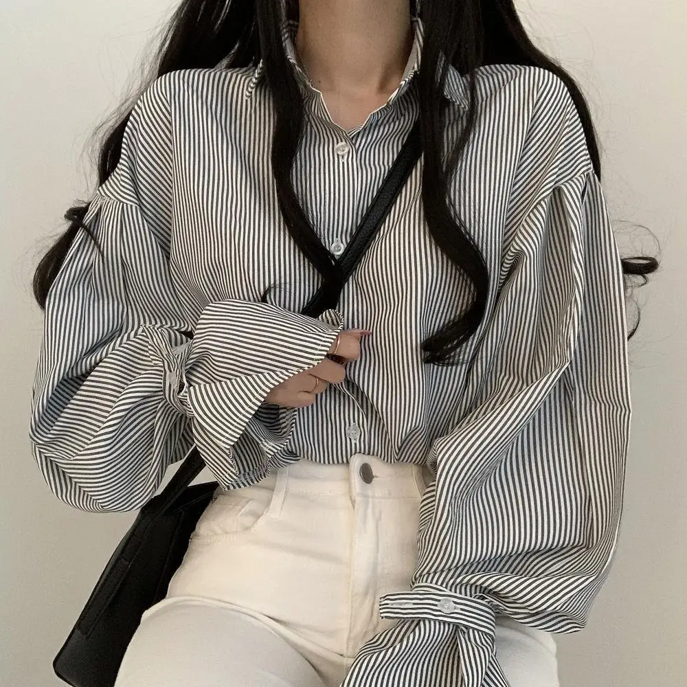 Women Striped Shirts Designer Lantern Sleeve Ulzzang Boyfriend Korean Style Fashionable Soft Tops Students All-match Casual New