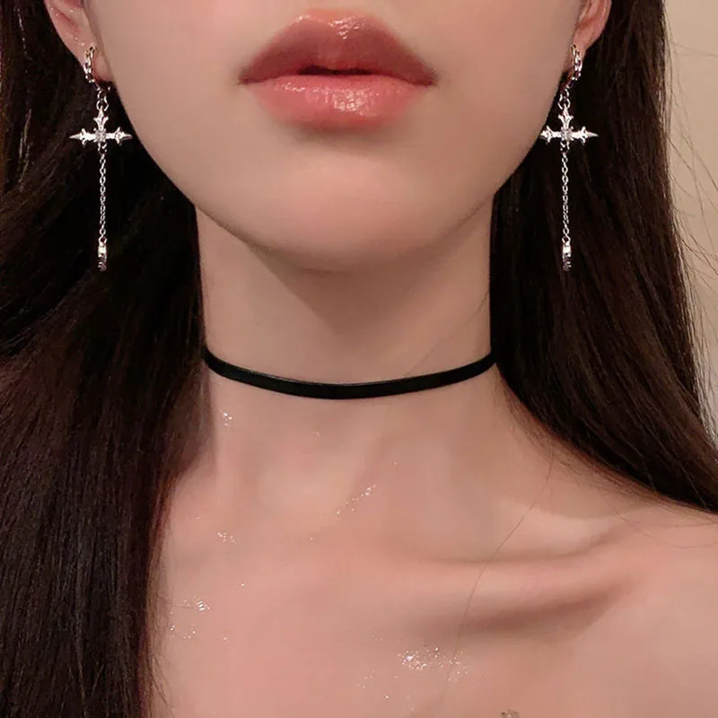 Korean Fashion Zircon Crystal Cross Women Drop Earrings for Gothic Punk Hip Hop Female Piercing Dangle Earrings Party Jewelry