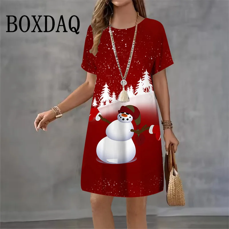 2025 New Christmas Tree Party Women Dresses Fashion Loose O-Neck Short Sleeve Dress Casual X-Mas Snowman 3D Printed A-Line Dress