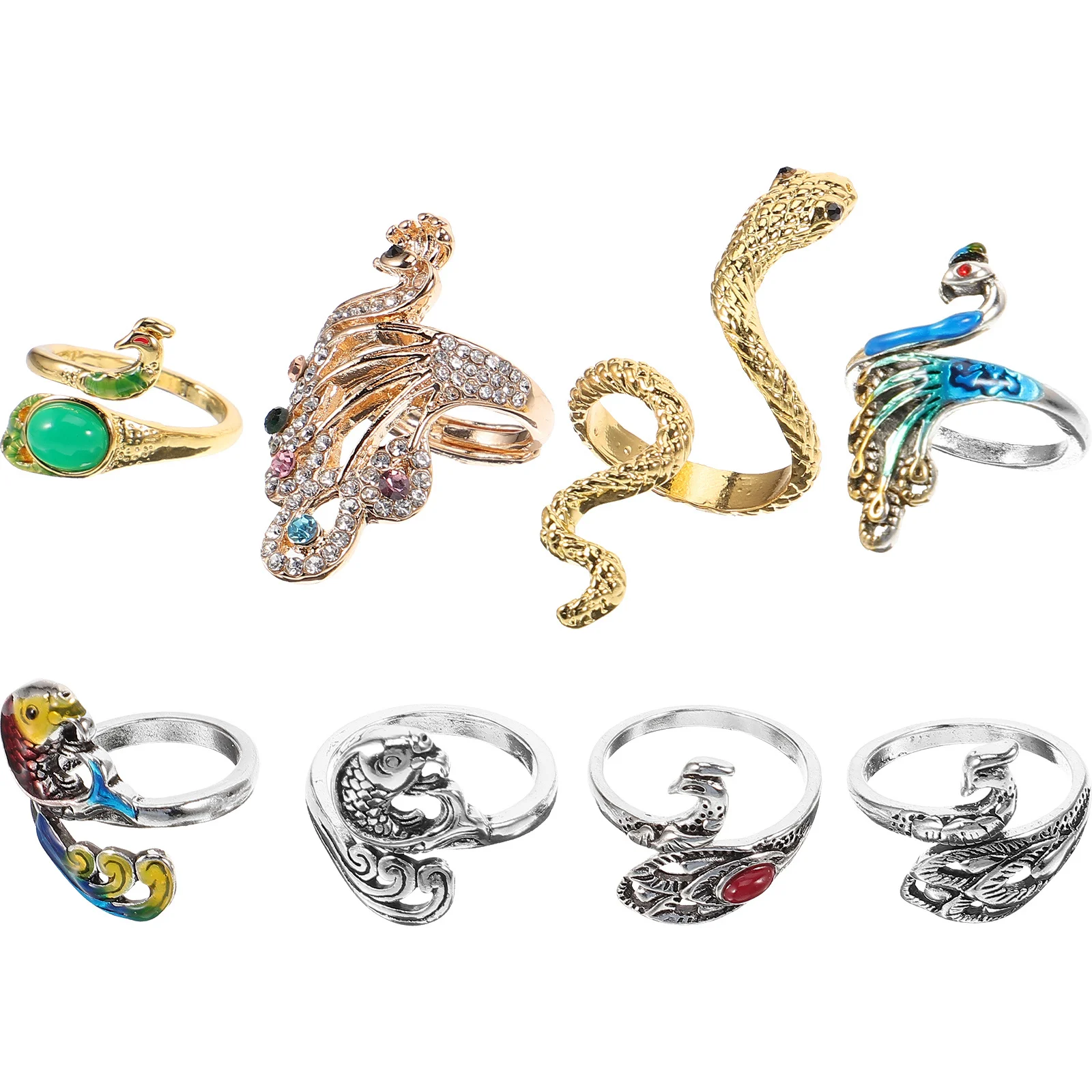 

8pcs Crochet Rings Set Multicolor Phoenix Peacock Gemstone Snake Carp Yarn Winder Knitting Tools Adjustable Finger Loops
