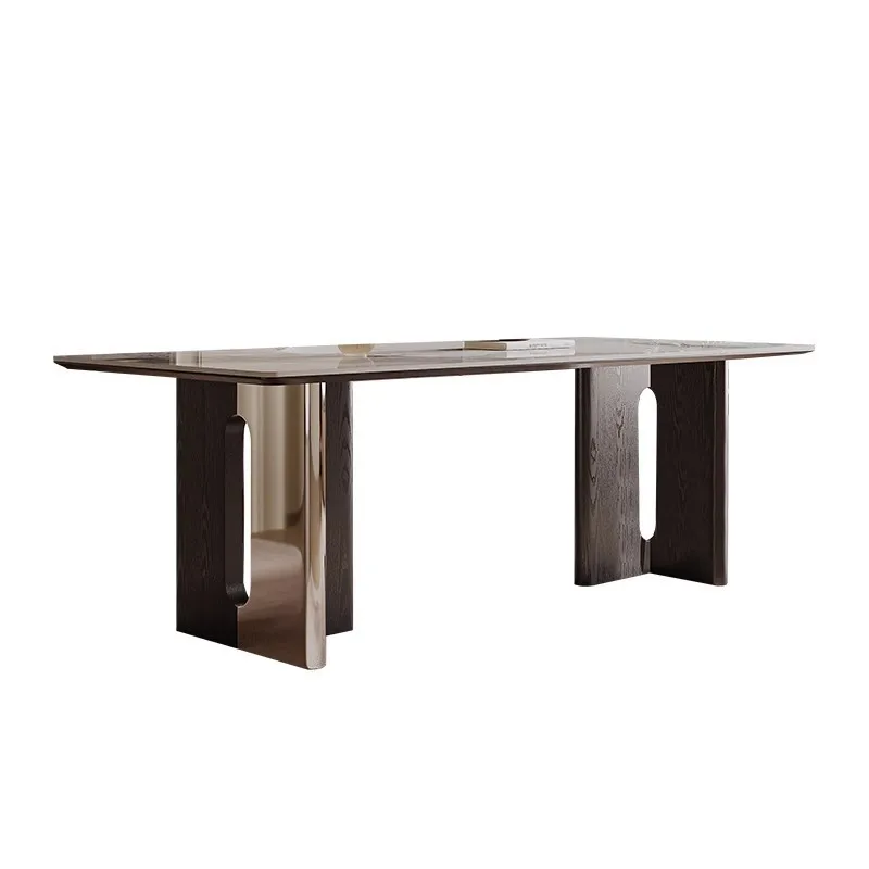

Italian minimalist solid wood rock slab dining table new home simple light luxury high-end small apartment stainless steel