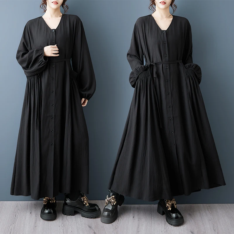 Elegant Loose Large Size V-Neck Dress with Pockets Lantern Sleeve Dark Style Autumn New Arrival Women's Fashion Casual Dress