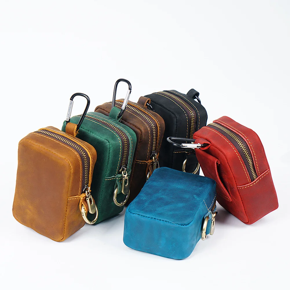 Genuine Leather Coin Purses Pouch Money Pocket Zipper Bags Top Layer of Cowhide Key Package Storage Bag Waist Bag Wholesale