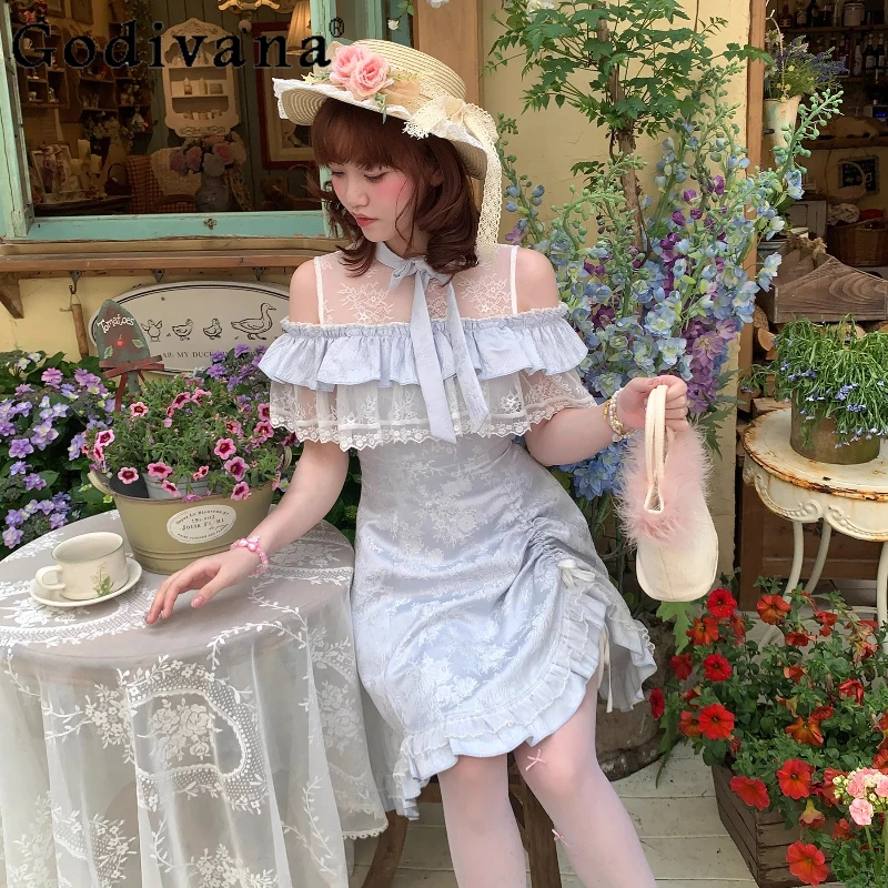 

French Original Style Gentle Dress for Girls Spring Summer Light Blue Floral Sweet Dress Women Japanese Style Cute Dress