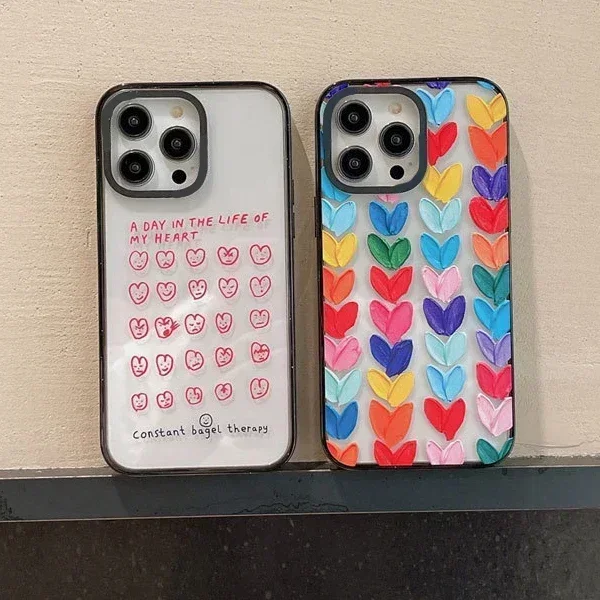 

2.0 Version Acrylic Upgrade Border Colorful Hearts Phone Case Cover for IPhone 11 12 13 14 15 16 Pro Max Case