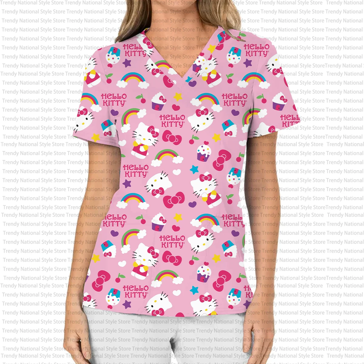 ファッション女性用作業服ファインマットトップ、ハローキティVネックポケットTシャツ、パーソナライズプリント入りビューティーサロンTシャツ