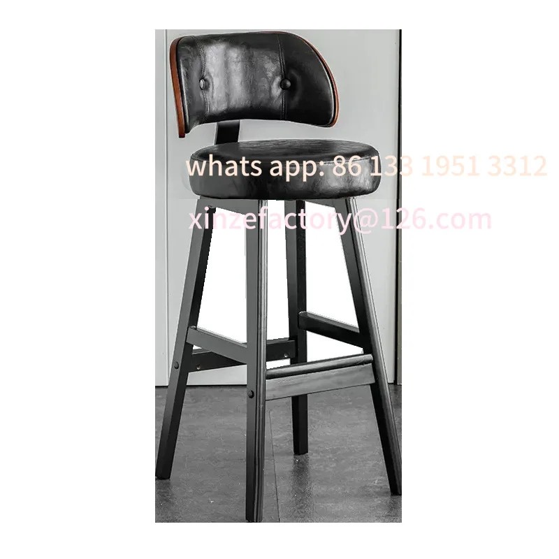 

Customizable solid wood bar chair simple light luxury home bar chair retro leather bar chair European backrest high stool durabl