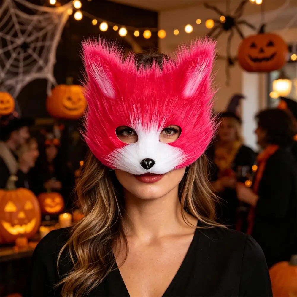 Plush Fox Cosplay Mask Fluffy Fox Tail Cosplay Costumes Props Fuzzy Fox Mask for Costume Party Anime Convention