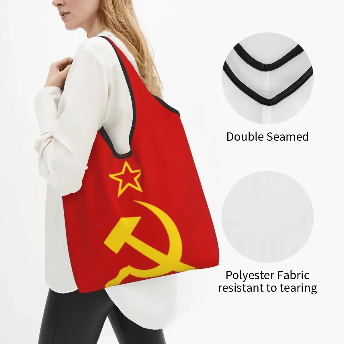 Custom Retro Russian Soviet Flag Shopping Bag Women Portable Big Capacity Groceries USSR Hammer and Sickle CCCP Tote Shopper Bag