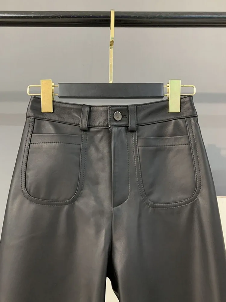 الترفيه نمط زر جلد الغنم السراويل المريحة بلون جلد طبيعي عالية الجودة السيدات جيب مستقيم الساق بنطلون #4