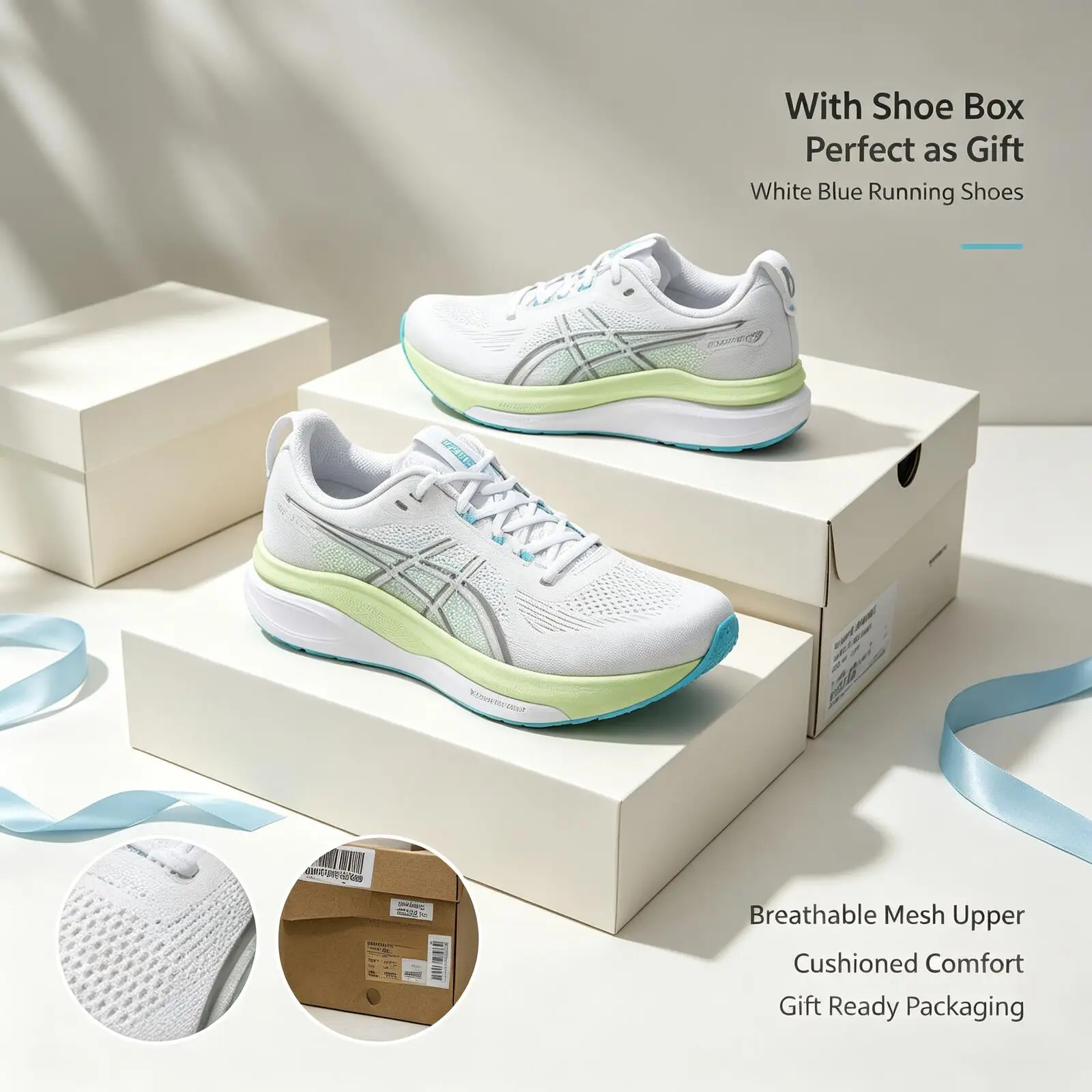 Asics Men Stability Running Shoes White Blue‑Green Cushioned Athletic Sneakers For With Shoe Great Gift Choice With Box