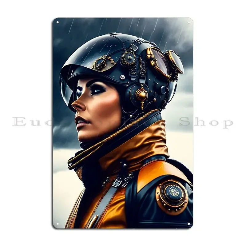 Futuristic Female Jet Pilot In A Steampunk Flying Helmet Metal Signs Wall Decor Designer Club Home Plaques Tin Sign Poster