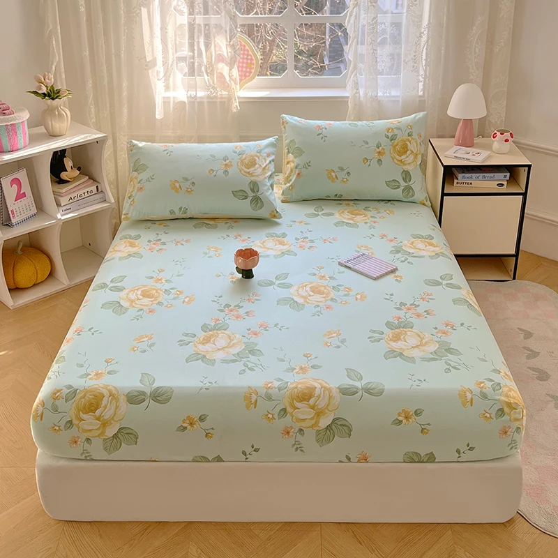 

100% Cotton Mint Green Yellow Rose Floral Fitted Sheet Deep Pocket Elastic Bedding Cover for Sweet Bedroom Decor Soft Breathable