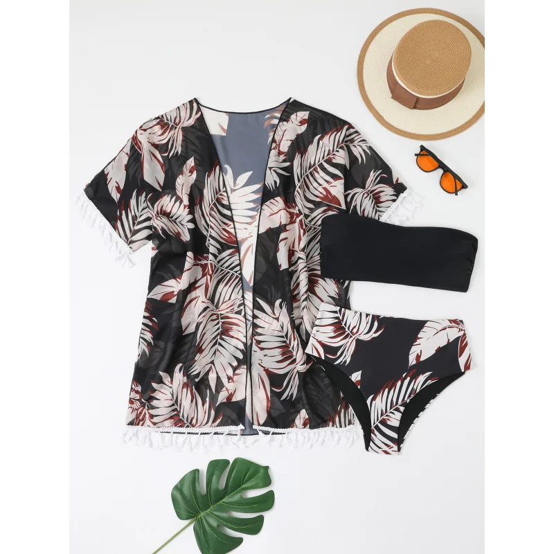 Traje de baño de moda para mujer con pareo de borlas de gasa, bikini de dos piezas sin tirantes, conjunto de tres piezas para vacaciones en la playa