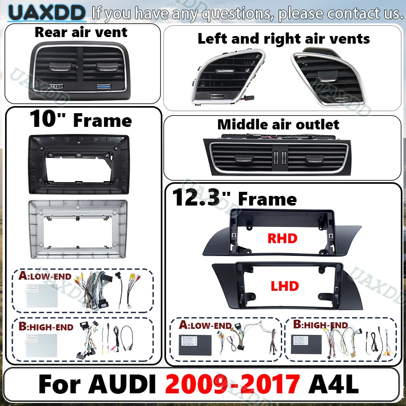 2 Din Car Radio Android Kit Panel A/C Center Air Conditioning Vent Grille Assembly For AUDI 2009-2017 A4L Frame Fascia Dashboard