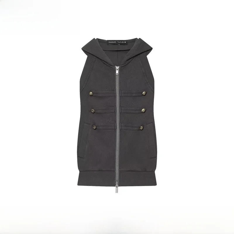 Spring Summer New Arrival Women's Fashion Retro Gold Button Hoodie Jacket Polyester Fiber Short Coat Zipper Closure No Inner
